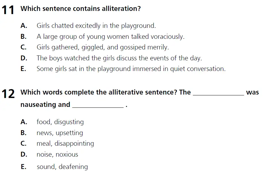 Question 11 & 12 - 11+ Literary Devices - Alliteration - Paper 1