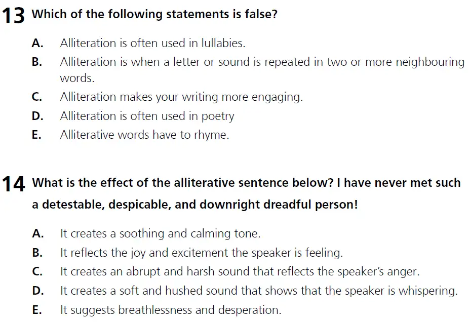 Question 13 & 14 - 11+ Literary Devices - Alliteration - Paper 1