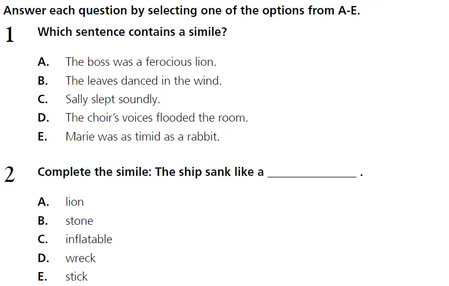Question 01 & 02 - 11+ Literary Devices - Simile - Paper 1
