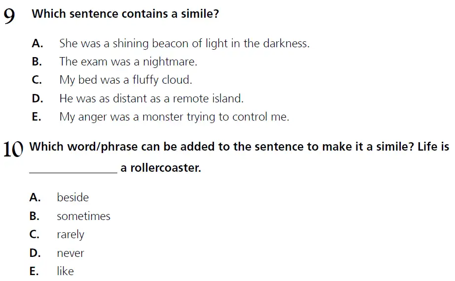Question 09 & 10 - 11+ Literary Devices - Simile - Paper 1