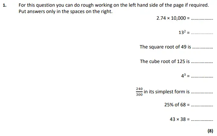 Question 1(a,b,c,d,e,f,g,h) - City of London School – 11+ Maths Specimen paper - 2024