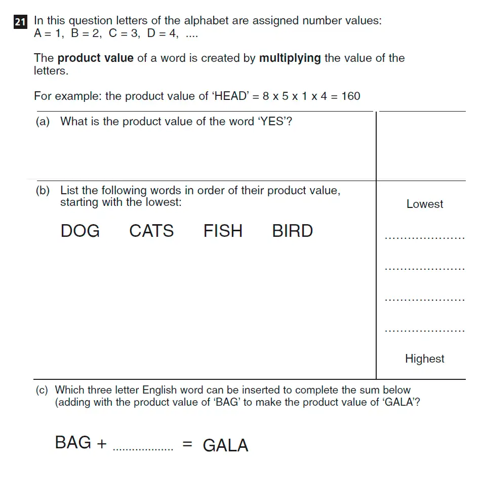 Question 21(a,b,c) - CSSE - Familiarisation 11+ Maths Paper - 2015