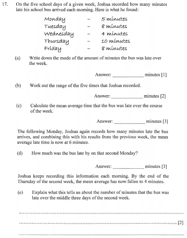 Question 17(a,b,c,d,e) - Dulwich College - 11 Plus Exam Maths Specimen Paper C - 2025