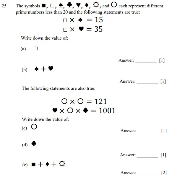 Question 25(a,b,c,d,e) - Dulwich College - 11 Plus Maths Specimen Paper D - 2026