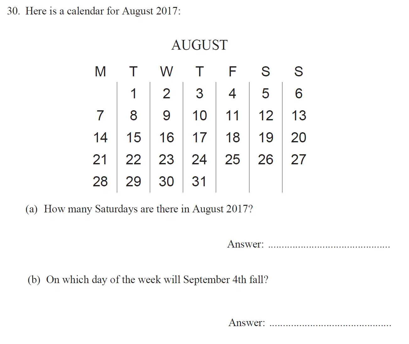Question 30(30(a),30(b)) - The North London Independent Girls' Schools' Consortium Group 2 - 11 Plus Maths Paper - 2017