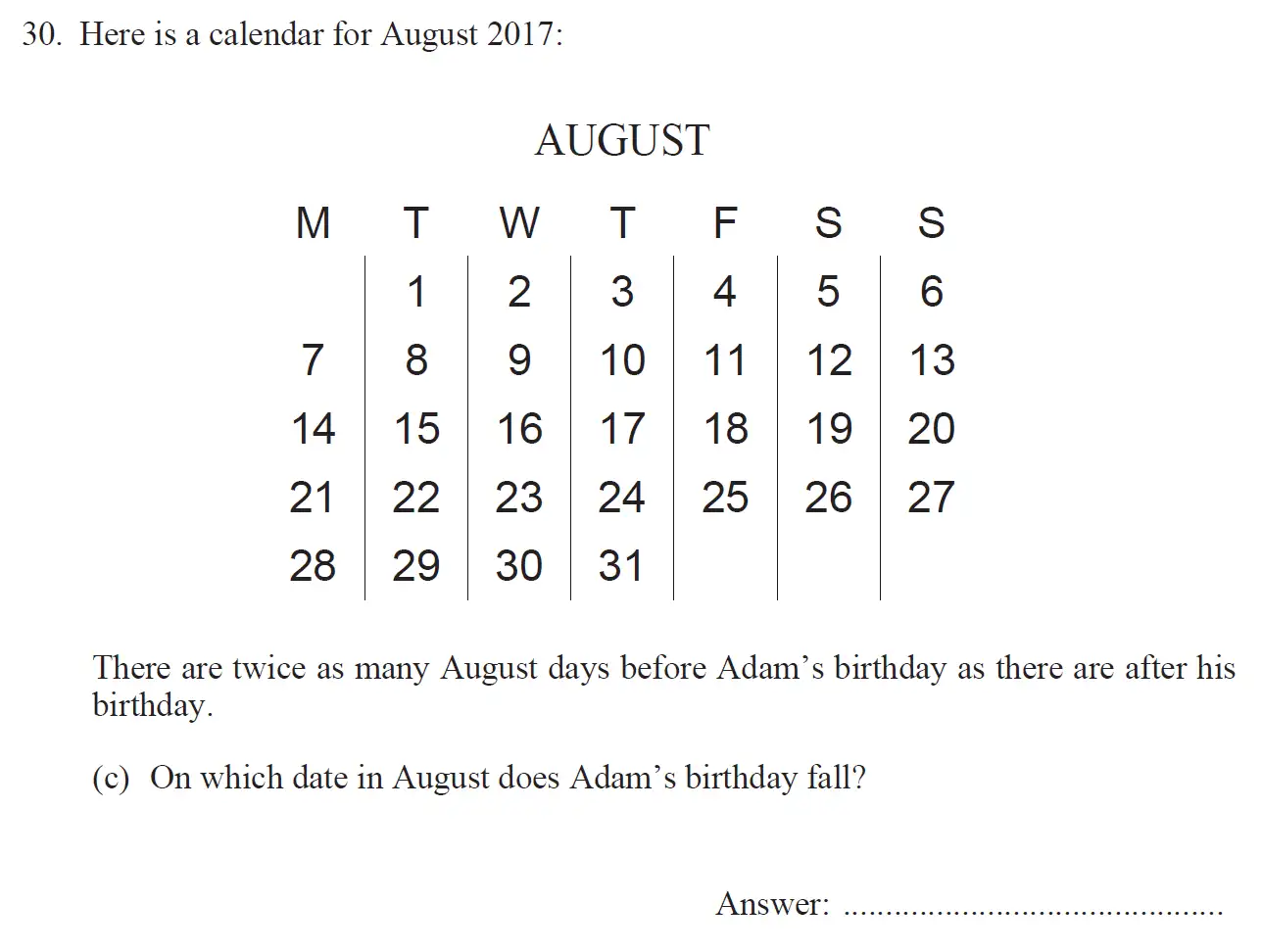 Question 30(c) - The North London Independent Girls' Schools' Consortium Group 2 - 11 Plus Maths Paper - 2017