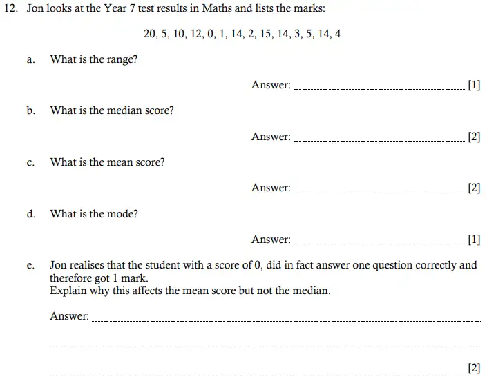 Question 12(a,b,c,d,e) - Hampton Court House 11 Plus Maths Sample Paper