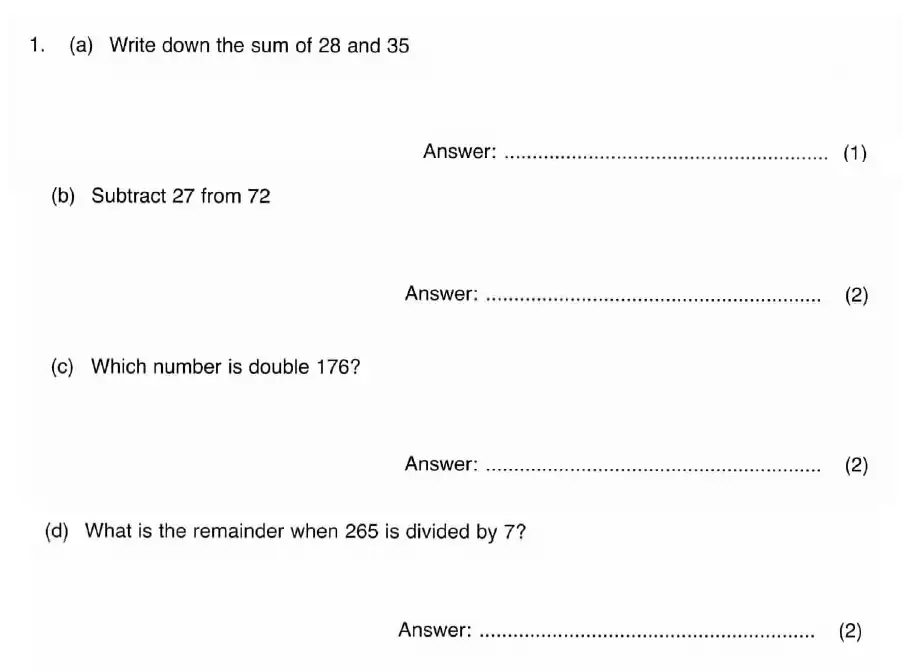 Question 1(a,b,c,d) - ISEB 11 Plus Maths 2009 Practice Paper