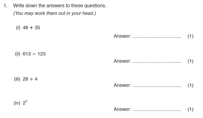 Question 1(i,1(ii),1(iii),1(iv)) - ISEB 11 Plus Maths Specimen Paper 2016