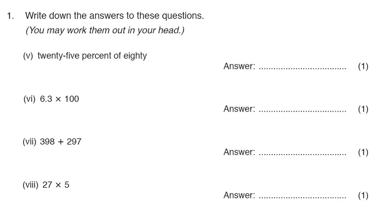 Question 1(v,1(vi),1(vii),1(viii)) - ISEB 11 Plus Maths Specimen Paper 2016