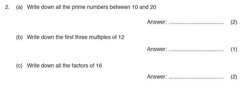 Question 2(a,b,c) - ISEB 11 Plus Maths Specimen Paper 2016