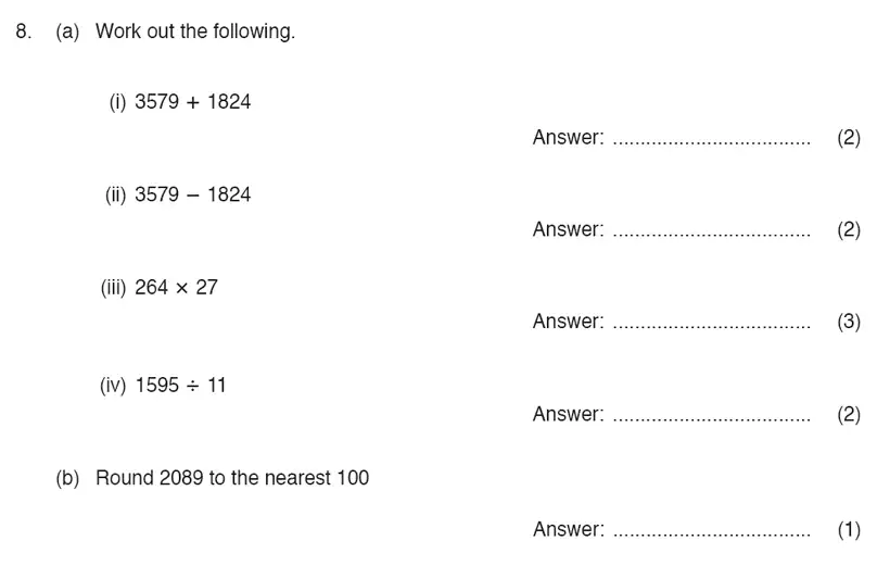 Question 8(i,8(ii),8(iii),8(iv),b) - ISEB 11 Plus Maths Specimen Paper 2016