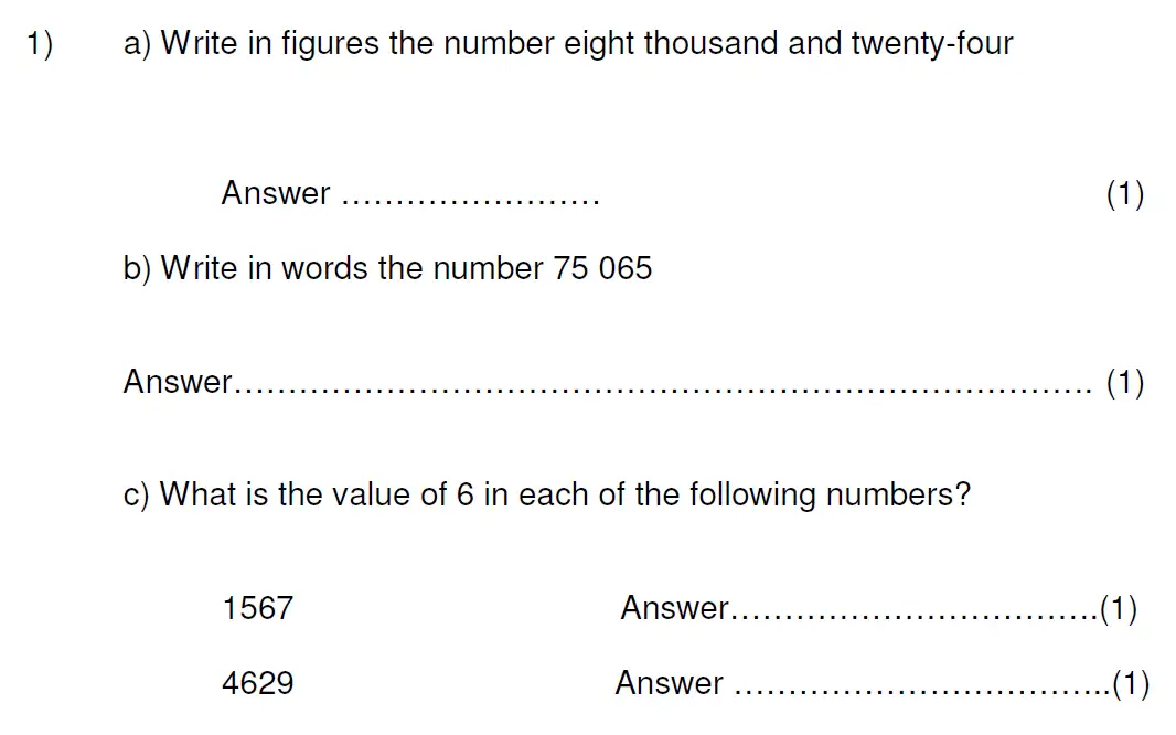 Question 1(a,b,c) - Kent College 11 Plus Maths Entrance Examination 2013
