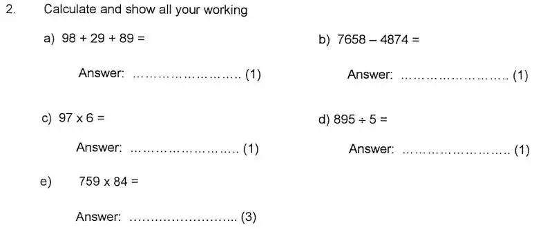 Question 2(a,b,c,d,e)(a,b,c,d,e) - Kent College 11 Plus Maths Entrance Examination 1 - 2007