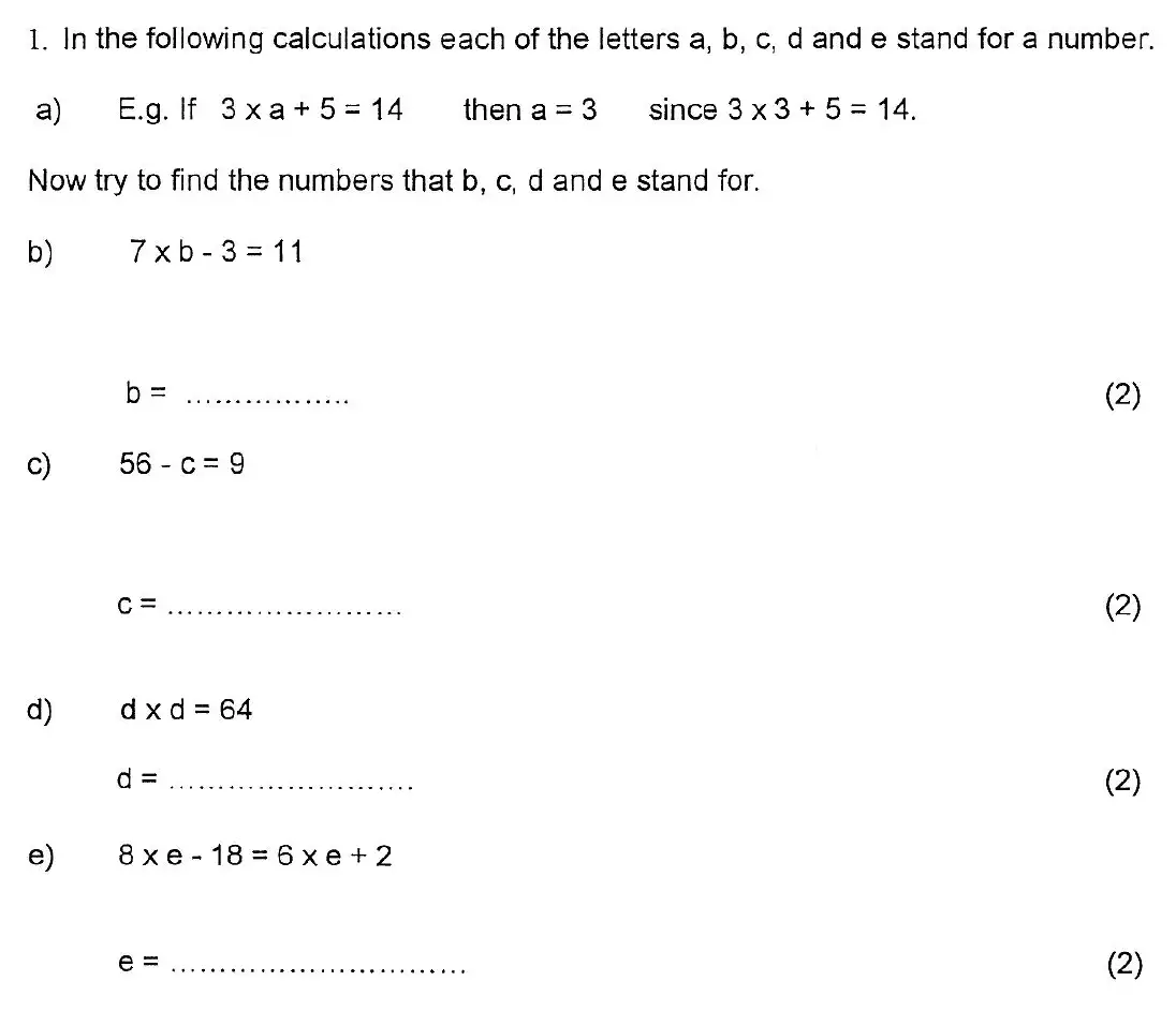 Question 1(a,b,c,d) - Kent College 11 Plus Maths Entrance Examination 2 - 2007