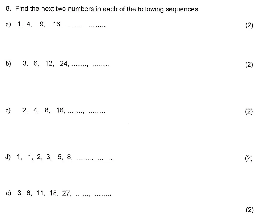 Question 8(a,b,c,d,e) - Kent College 11 Plus Maths Entrance Examination 2 - 2007