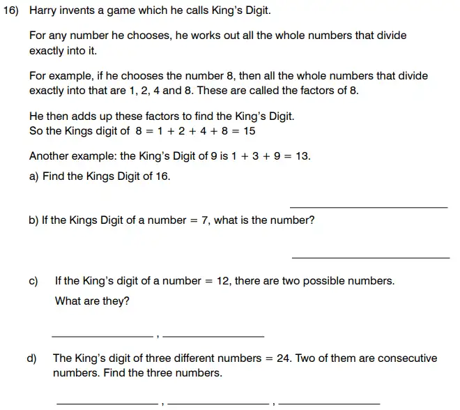 Question 16(a,b,c,d) - King’s College School 11 Plus Maths Sample Paper – 2024