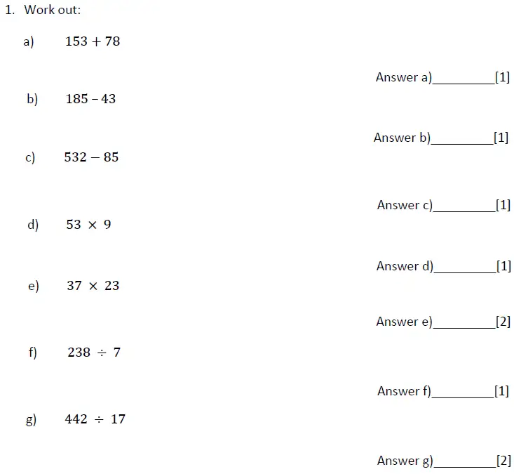 Question 1(a,b,c,d,e,f,g) - Magdalen College School - 11+ Maths Sample Paper