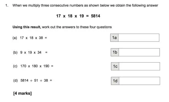Question 1(a,b,c,d) - The Manchester Grammar School 11 Plus Papers Arithmetic B – 2017