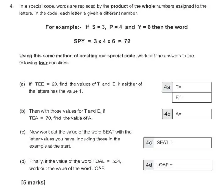 Question 4(a,b,c,d) - The Manchester Grammar School 11 Plus Papers Arithmetic B – 2017