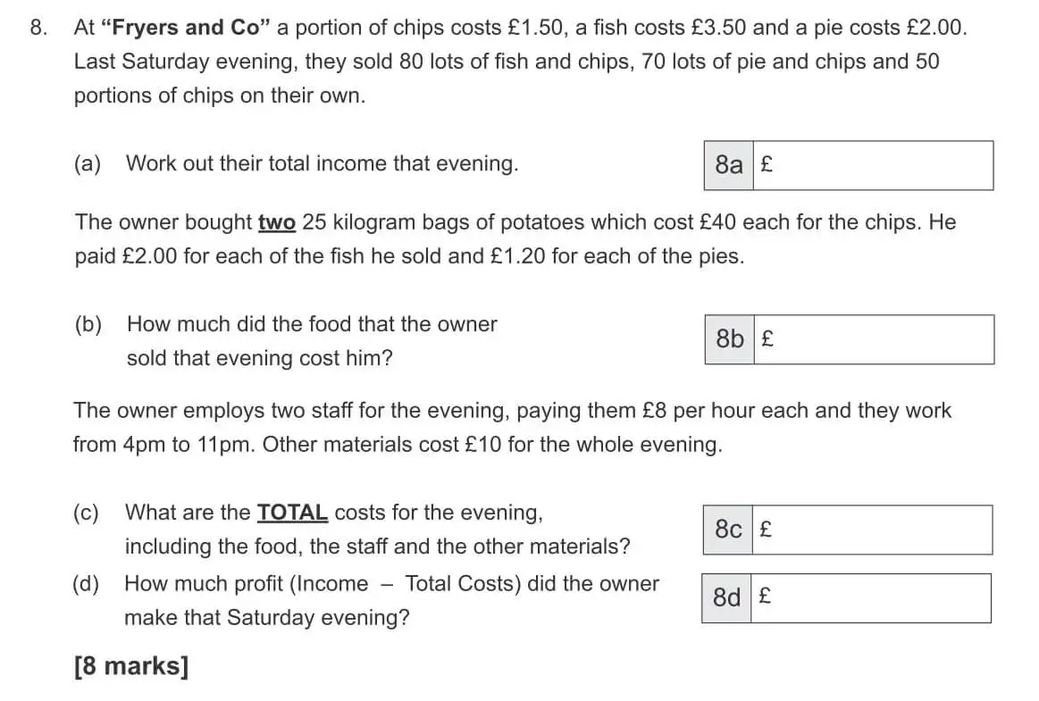Question 8(a,b,c,d) - The Manchester Grammar School 11 Plus Papers Arithmetic B – 2017