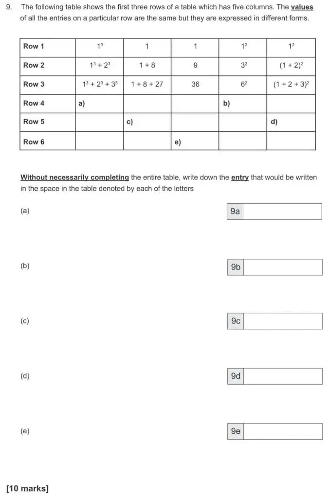 Question 9(a,b,c,d,e) - The Manchester Grammar School 11 Plus Papers Arithmetic B – 2017