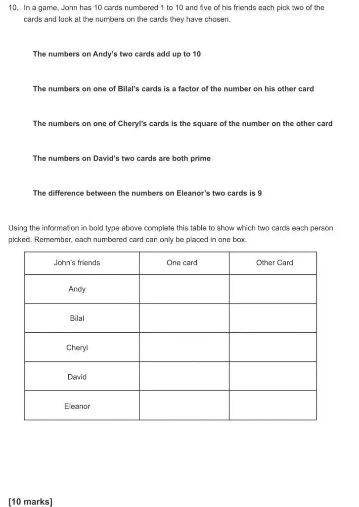 Question 10 - The Manchester Grammar School 11 Plus Papers Arithmetic B – 2017