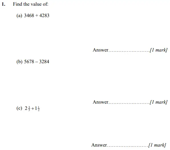 Question 1(a,b,c) - Merchant Taylors’ School – 11+ Maths practice paper-2 – 2023