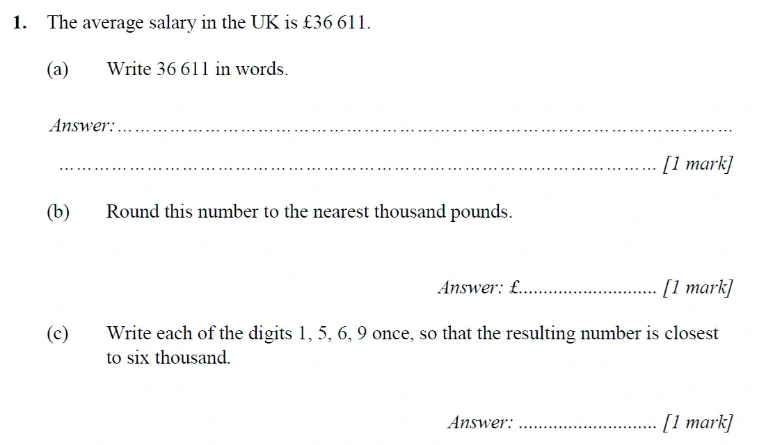 Question 01(a,b,c) - Merchant Taylors School - 11+ Maths Specimen Paper 2 - 2025