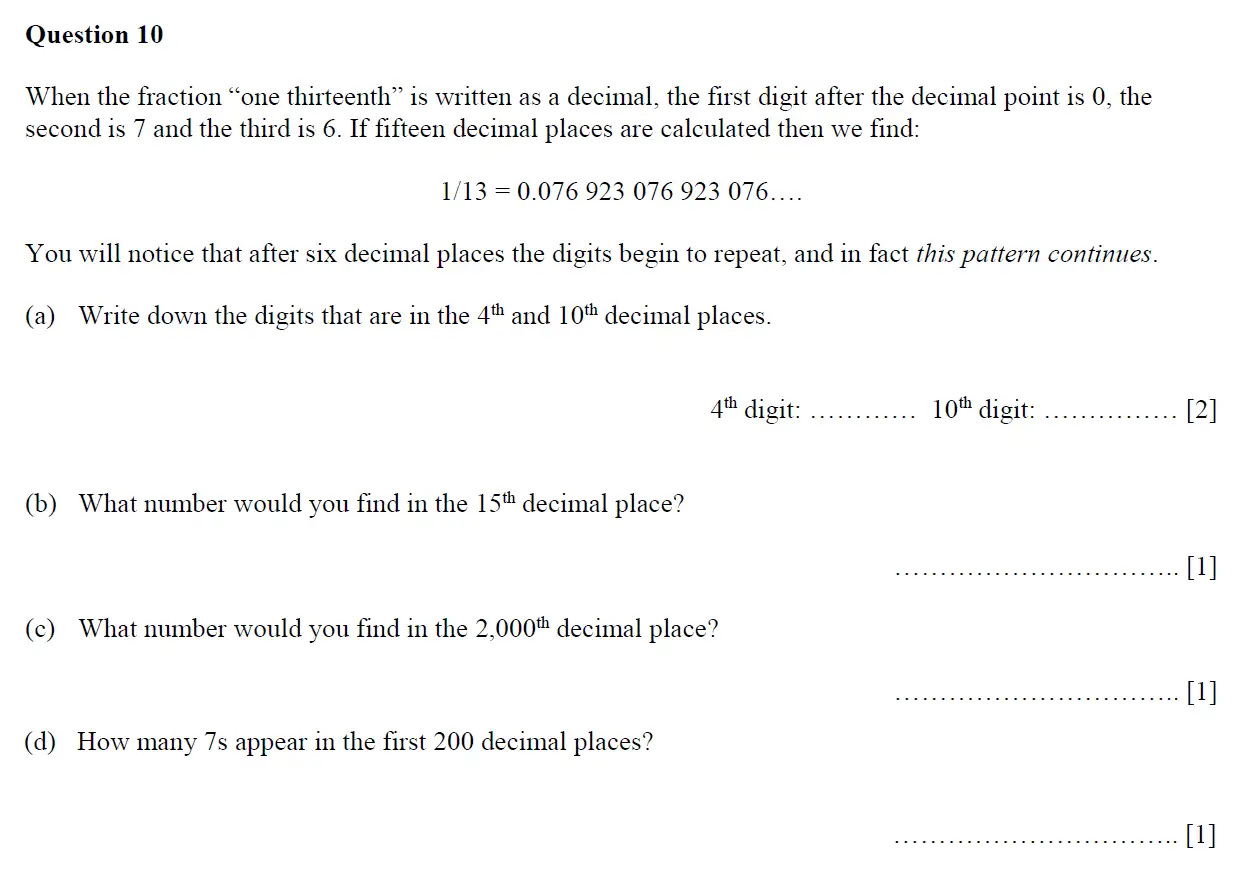 Question 10(10(a),10(b),10(c),10(d)) - Oundle School - 11 Plus Maths Junior Entrance Exam - 2018