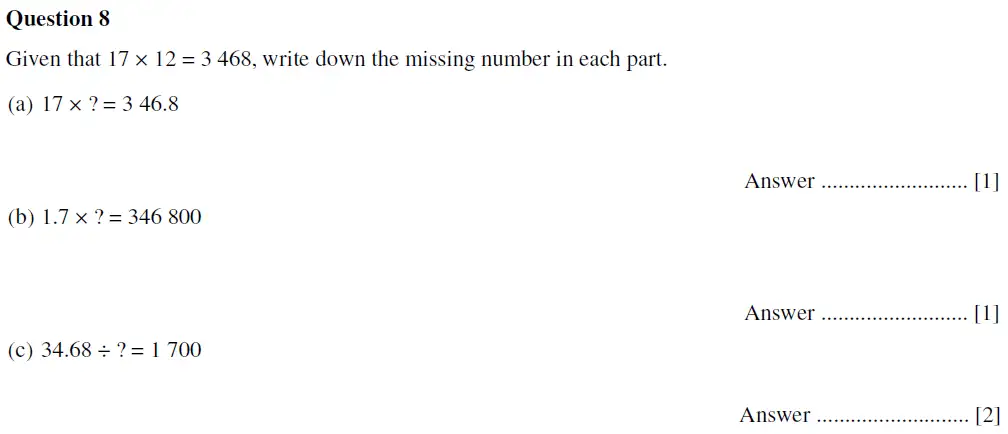 Question 8(a,b,c) - Oundle School First Form Mathematics 2020