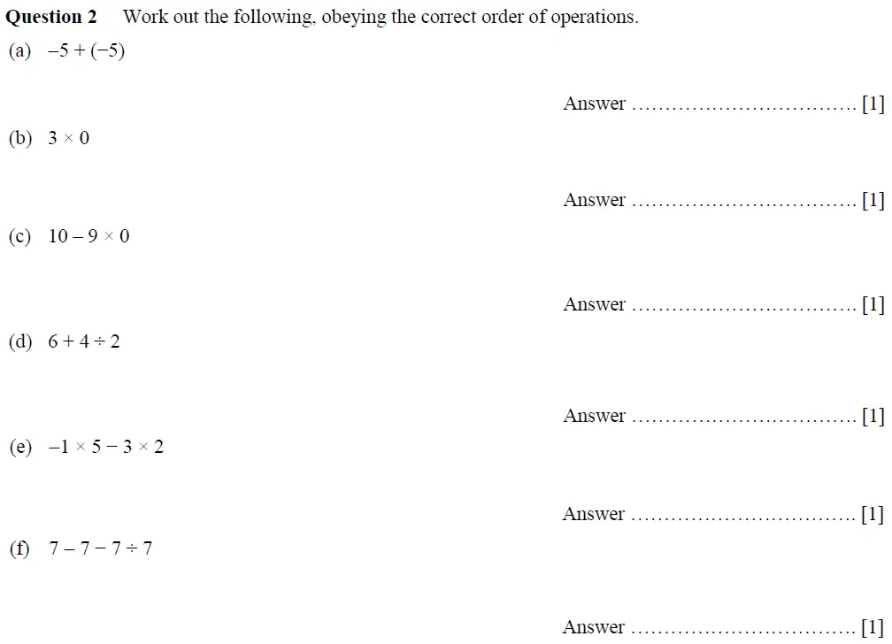 Question 2(a,b,c,d,e,f) - Oundle School First Form Mathematics 2019