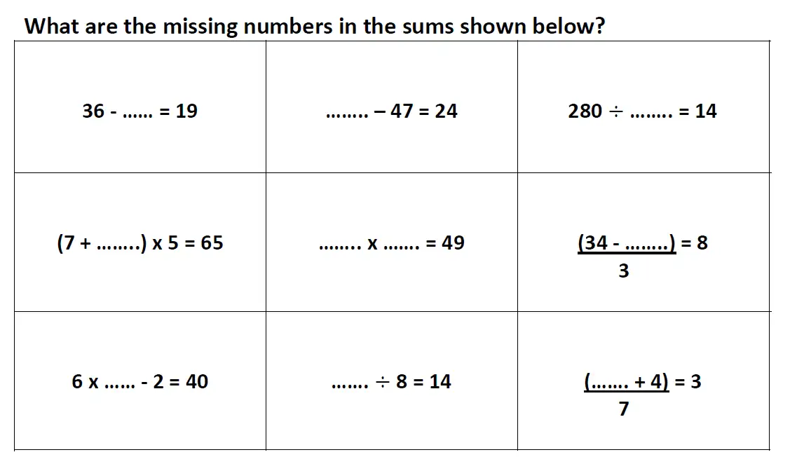 Question 32(a,b,c,d,e,f,g,h,i) - Reigate Grammar School 11 Plus Maths Entrance Exam Paper 2014