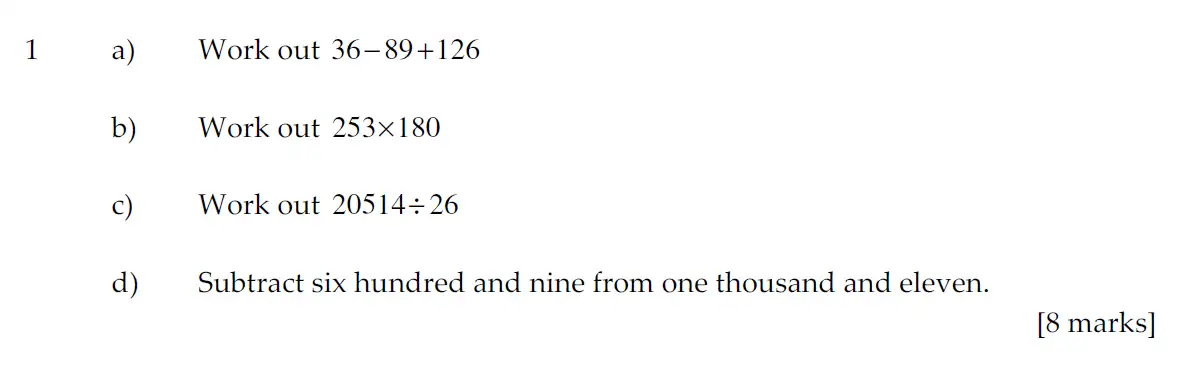 Question 1(a,b,c,d) - Sevenoaks School Year 7 2011 Sample Paper