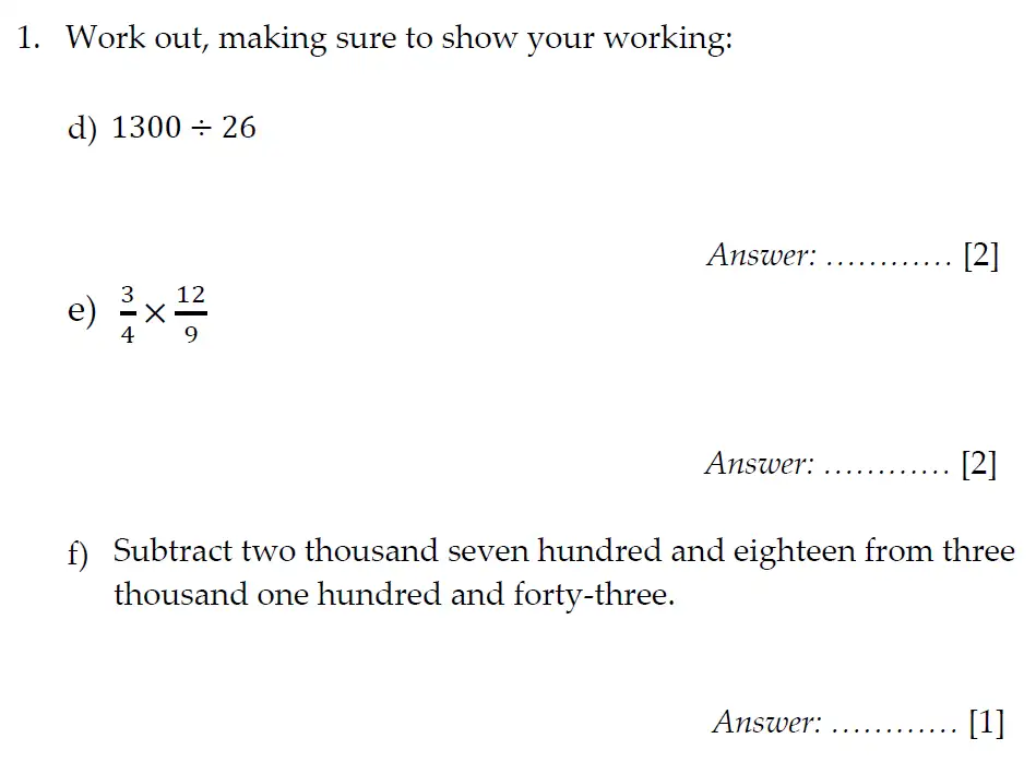 Question 1(d,e,f) - Sevenoaks School Year 7 2012 Sample Paper