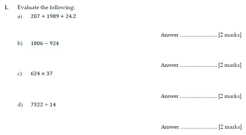 Question 1(a,b,c,d) - Sevenoaks School Year 7 Sample Paper 2014