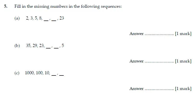 Question 5(a,b,c) - Sevenoaks School Year 7 Sample Paper 2014