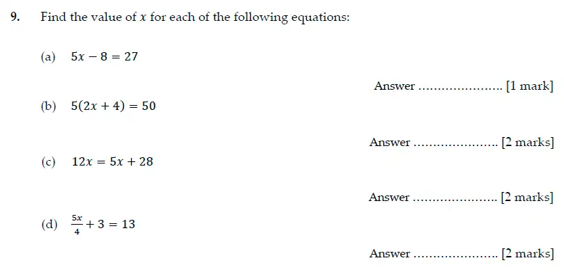 Question 9(a,b,c,d) - Sevenoaks School Year 7 Sample Paper 2014