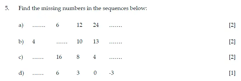Question 5(a,b,c,d) - Sevenoaks School Year 7 Sample Paper 2015