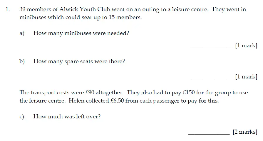 Question 1(a,b,c) - Sevenoaks School Year 7 Sample Paper 2016