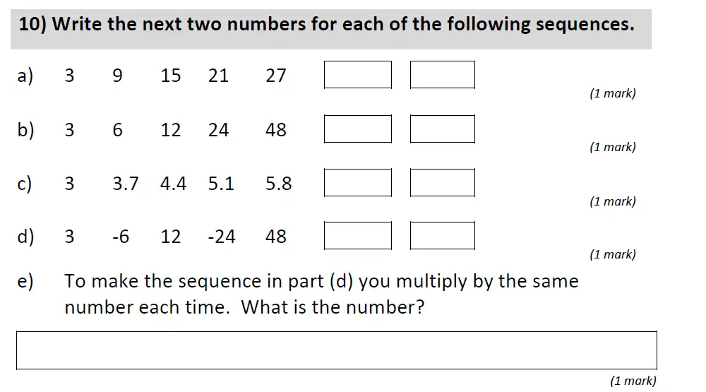 Question 10(a,b,c,d,e) - St Anselms College 2024 11 Plus Maths Sample Paper 2