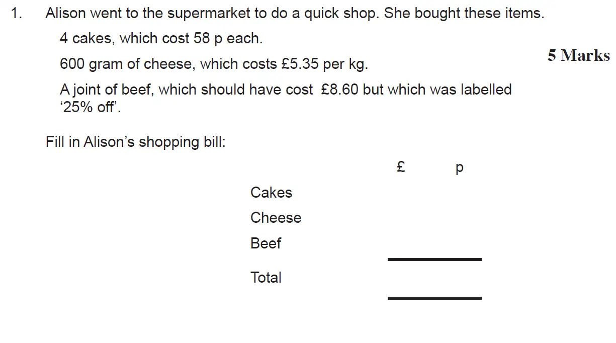 Question 1 - The Manchester Grammar School 11 Plus Papers Arithmetic 2 – 2009