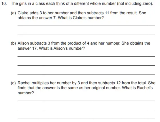 Question 10(10(a),10(b),10(c)) - The Manchester Grammar School 11 Plus Papers Arithmetic 2 – 2010