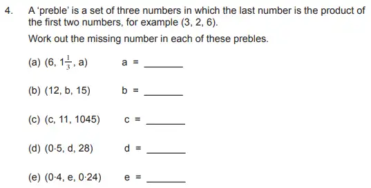 Question 4(a,b,c,d,e) - The Manchester Grammar School 11 Plus Papers Arithmetic 2 – 2010