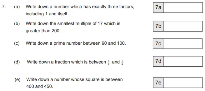 Question 7(a,b,c,d,e) - The Manchester Grammar School - 11+ Maths Entrance Arithmetic Examination 2 - 2011