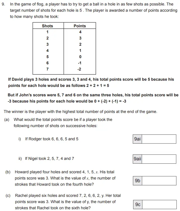 Question 9(a,b,c) - The Manchester Grammar School 11 Plus Papers Arithmetic 2 – 2012