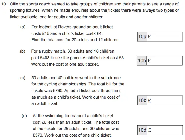 Question 10(10(a),10(b),10(c),10(d)) - The Manchester Grammar School 11 Plus Papers Arithmetic 2 – 2013