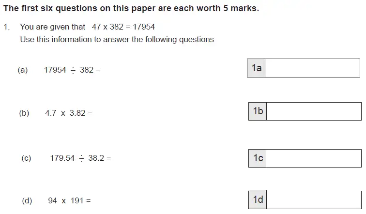 Question 1(a,b,c,d) - The Manchester Grammar School 11 Plus Papers Arithmetic B – 2014