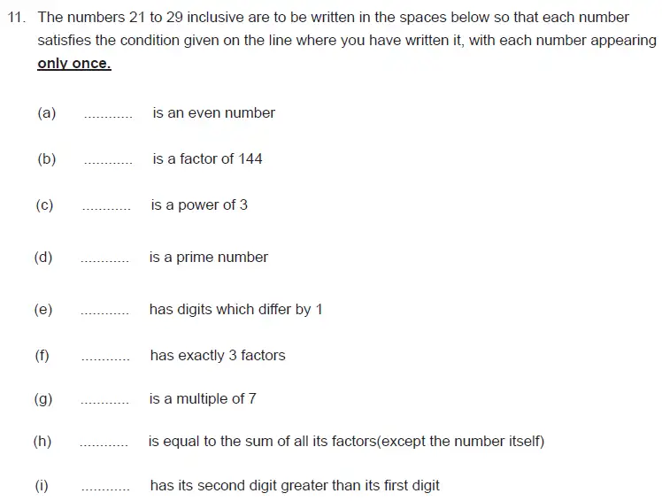 Question 11(11(a),11(b),11(c),11(d),11(e),11(f),11(g),11(h),11(i)) - The Manchester Grammar School 11 Plus Papers Arithmetic B – 2014
