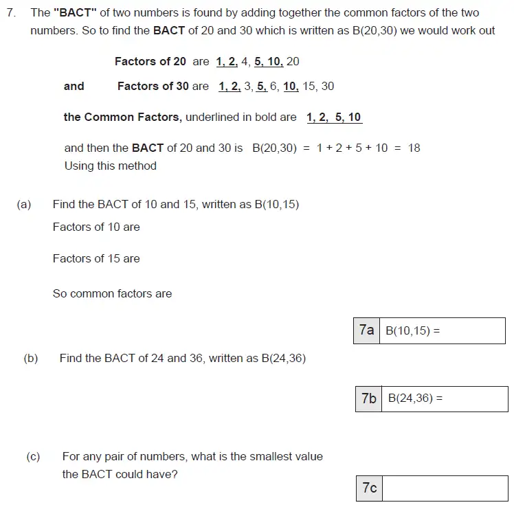 Question 7(a,b,c) - The Manchester Grammar School 11 Plus Papers Arithmetic B – 2014